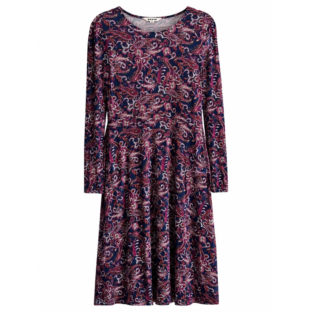 Boden Camille Jersey Knit Midi Dress 16R Navy Paisley Pockets Long Sleeve